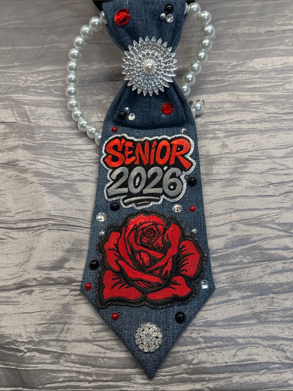 Handcrafted Denim 'Senior 2026' Tie Necklace with Red Rose Embroidery - Picture 2 of 13